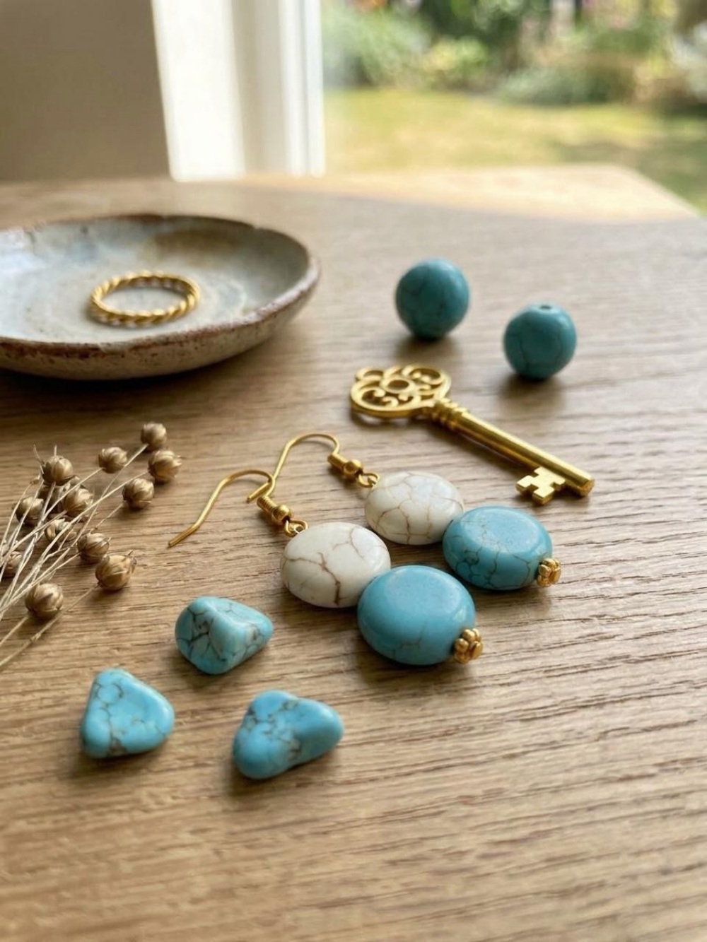 Turquoise-Blue & Ivory Beaded Statement Drop Earrings